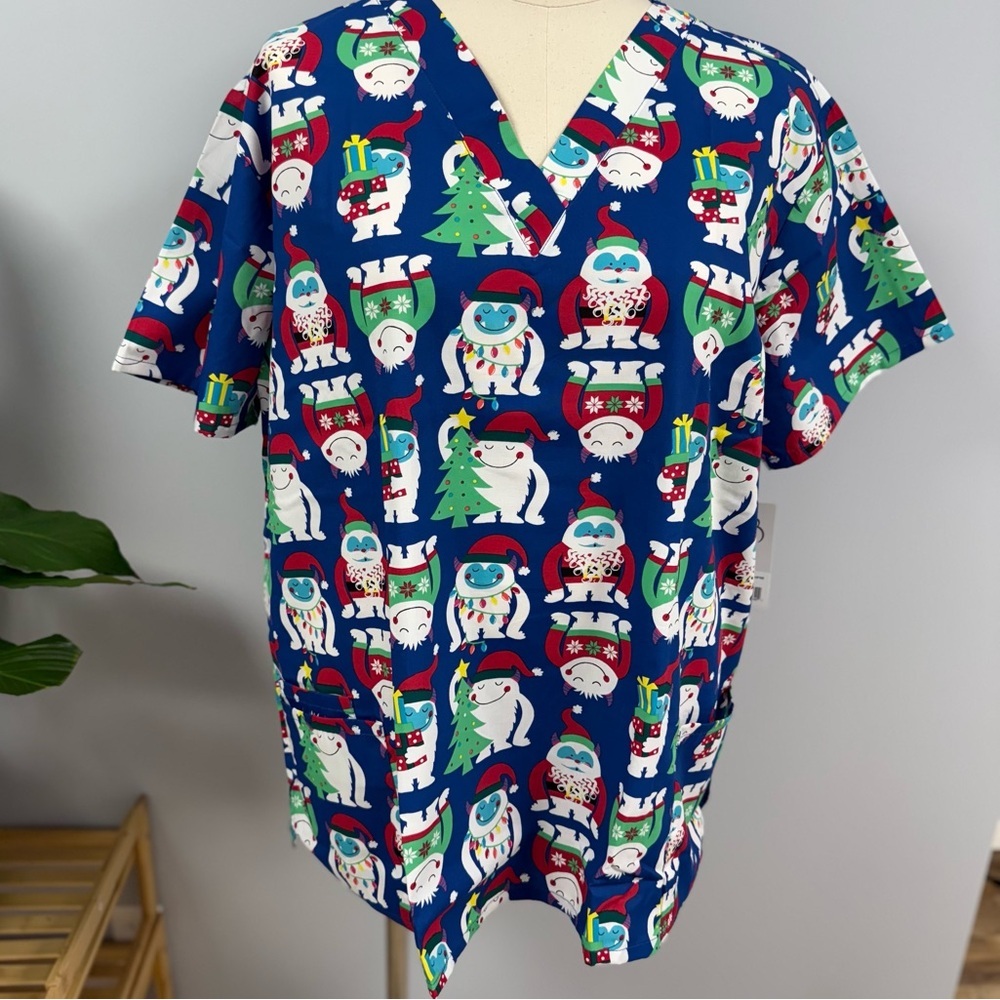 NWT Buttersoft Christmas Holiday Scrub Top 3X Blue Monster Yeti Snowman Scrubs